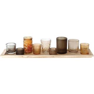 Tr?bakke med 9 brune glas Votive indehavere (s?t af 10 stykker)