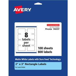 Avery Matte hvide rektangeletiketter med sikker foder 2 """" x 3 """" 800 Matte hvide udskrivbare m?rker