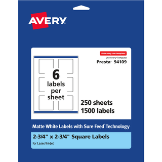 Avery Matte White Square Labels med sikker foder 2,75 """" X 2,75 """" 1 500 Matte hvide udskrivbare mærker