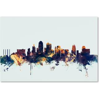 Kansas City Skyline Blue af Michael Tompsett 16x24-tommer lærred vægkunst