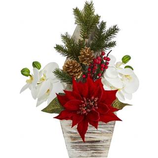 Næsten naturlig 15in. Poinsettia og orkidisk kunstig arrangement i juletrævase