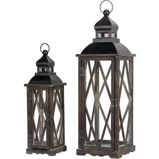 Glitzhome 2 Pack Farmhouse Wood/Metal Decorative Candle Lanterns Vintage hængende lanterne til gårdhave - bordplade sort (intet glas)