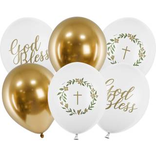 6 stk. Gud Velsigne Dig Balloner 30 cm hvid &amp; guld - Elegant festdekoration til særlige lejligheder