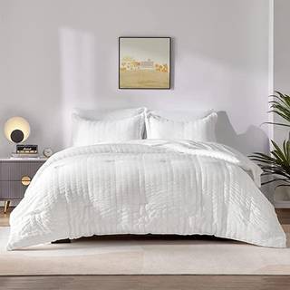 Cozylux queensize seng i en taske hvid seersucker dyne s?t med ark 7-stykker hele s?son senget?j s?t med dyne pude sham fladt ark monteret ark og