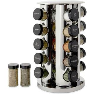 Kamenstein 20 Jar Revolving Countertop Spice Rack med krydderier inkluderet gratis krydderifyldning i 5 ?r poleret rustfrit st?l med sorte h?tter