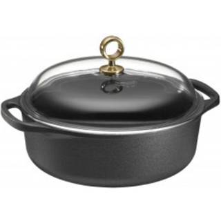 Skeppshult Nutrient Bräter rund 24 cm / 3 L - Gusseisen mit Glasdeckel & Messinggriff - Gelb,Schwarz