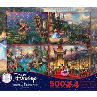 CEACO - 4 i 1 Multiple - Thomas Kinkade - Disney Dreams Collection - Tangled Sleeping Beauty Peter Pan & Mickey and Minnie - (4) 500 Piece Jigsaw
