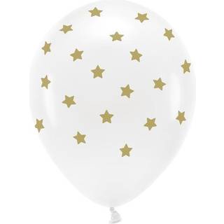 6 stk. Øko-balloner hvid pastel med guld stjerner – Miljøvenlig festpynt 33 cm