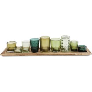 Kreativ co-op træbakke med 9 grønne glas Votive indehavere