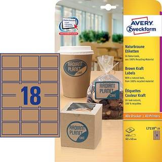 Avery L7110-25 brun natur rektangulære produkt etiketter, 62 x 42mm, 18 pr. ark, 25ark