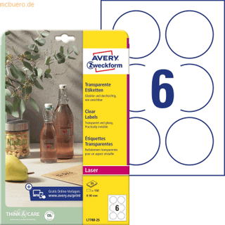Avery L7788-25 Gennemsigtige runde etiketter Ø80mm 25ark