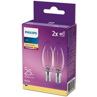 Philips LEDClassic Kerte Filament  25W  E14  varm hvid  klar ikke dæmpbar  2-stk  - 8718699664985 ✓ På lager - klar til levering og afhentning