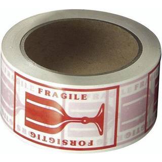 Pakketape PVC med rødt tryk 'forsigtig' 50mm x 66 meter