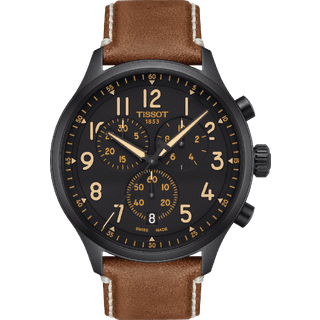Tissot Chrono XL herreur i sort stål med sort skive og brun rem