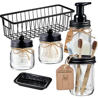 Premium Mason Jar Badev?relset Tilbeh?r S?t (6 stk) - Lotion Soap Dispenser Tandb?rste Holder 2 Apothecary Jars (QTIP Holder) Soap Dish Opbevarin