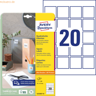Avery 6252REV-10 Aftagelige kvadratiske produktetiketter 45x45mm 10ark