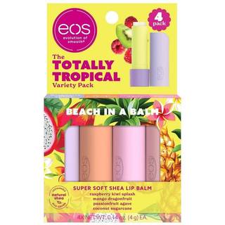 EOS Flaglab Super Soft Shea Lip Balm Sticks - Totalt Tropical Variety Pack | Lip Moisturizer | 24 timers hydrering | Glutenfri læbepleje | 4 Pack