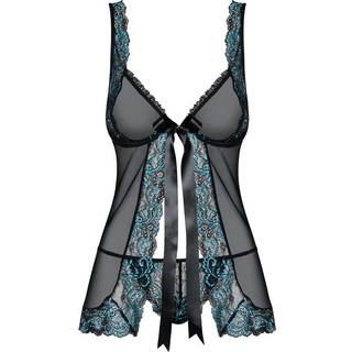 Obsessive Amanta - broderet babydoll og g-streng (sort-turkis) - L/XL