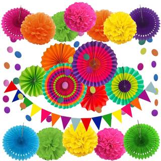 Zerodeco Party Decoration 21 PCS Multi-Color Hanging Paper-fans Pom Poms Blomster Garland Streng Polka Dot og Triangle Bunting Flags til f?dselsd
