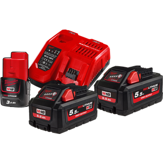 Startsæt M18, 2×M18 HB5,5+1×M12 B3+lader M12-18FC