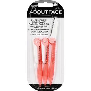 Om ansigt fuzz -fri kompakte ansigtsbeholdere til barbering og eksfoliering - inkluderer 3 skønhedsgroomere - til ansigtslæber og øjenbryn