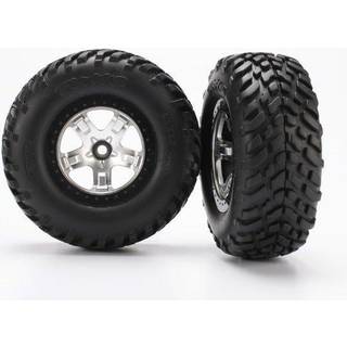 Traxxas - TRX5875X - Tire & wheel assy, glued (SCT satin chrome, black beadlock style wheels, SCT off-road racing tires, foam inserts) (2) (2WD front