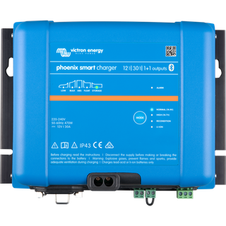 Batterioplader Victron Phoenix Smart IP43, 230 V, 12 V, 30 A / time, med 2 udgange, for forbrugsbank + startbank, uden ladekabel