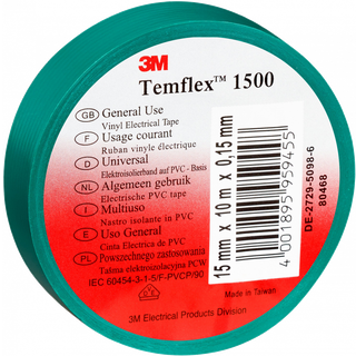 3M Temflex 1500 vinyl tape for isolering og mærkning, 0,15 mm tyk, 15 mm x 10 m grøn.