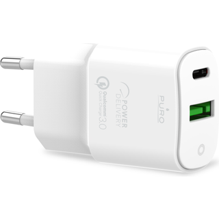 Puro PD (Power Delivery) 20W Mini Vægoplader m. USB-C og USB-A - Hvid
