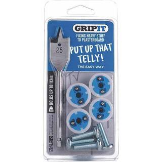 Gripit TV-hængesæt med blå beslag og bore til gipsplader