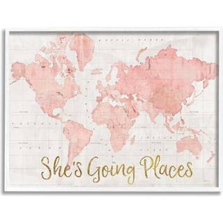 Stupell Industries Hun går steder Citat Pink Watercolor World Map Design af Sue Schlabach White Framed Wall Art 16 X 20 Beige
