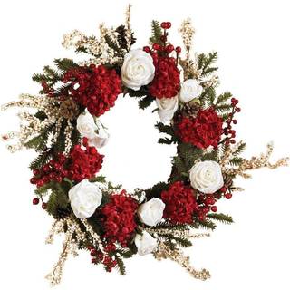 Næsten naturlige 4899 hortensia med hvide roser krans 24 tommer rød /hvid /grøn