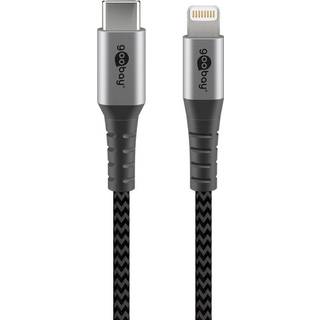 Goobay Lightning-USB-C™ textilkabel med metallkontakter, 2 m MFi-certifierad, elegant och extra robust laddnings- och synkroniseringskabel för Apple iPhone/iPad (svart, grå)