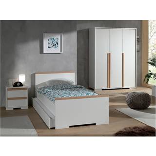 Børneværelse sæt London – seng 90×200 med skuffe, natbord og 3-dørs garderobeskab – hvid