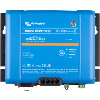Batterioplader Victron Phoenix Smart IP43, 230 V, 12 V, 50 A / time, med 2 udgange, til forbrugsbank + startbank, uden ladekabel