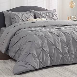 Bedsure King Size Comforter Set - Beddding Set King 7 stykker Pintuck Bed i en taske Grå seng sæt med dyneplader Pillowcases & Shams