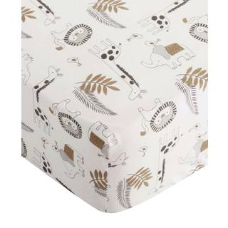 Levtex Baby - Tanzania Crib Fitted Sheet - Passer til standard krybbe og småbørn madras - Kastet elefantgiraff og løve - kulcreme solbrun - børne