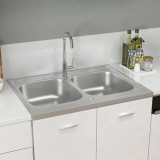 køkkenvask med 2 bassiner 800x600x155 mm rustfrit stål sølv