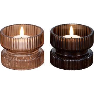 Lysestage vendbar til fyrfadslys og bloklys i rav + brunt glas Ø9x7 cm, sæt af 2 - 4560100 ✓ På lager - klar til levering og afhentning