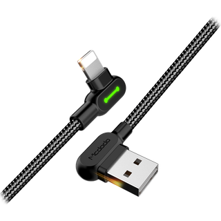 Mcdodo CA-4673 Vinklet Lightning (Ikke-MFI'er) til vinklet USB A-kabel til synkronisering og hurtig opladning, LED, sort, 1.8m