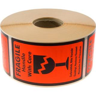 Etiket med tekst "Fragile Handle with care" 120x70mm, 1000 stk