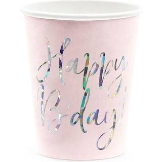6 stk. Lyserøde Festlige Fødselsdagskopper, 220ml - Happy Birthday