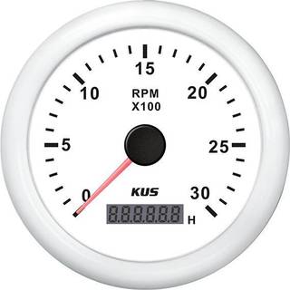 Omdrejningstæller &amp; timetæller til dieselmotor KUS, dugfri, Ø85 mm, 12 V / 24 V, generator, hvid, 0 - 3000 rpm