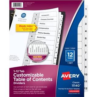 Avery Index Dividers Classic 8-1/2 """" X11 """" 1-12 Tab 1/St Bk/We