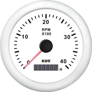 Omdrejningstæller &amp; timetæller til påhængsmotor / benzinmotor KUS, dugfri, Ø85 mm, 12 V / 24 V, generator, hvid, 0 - 4000 rpm