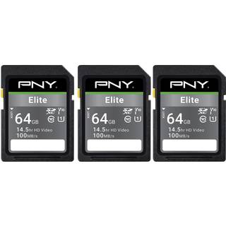 PNY 64GB Elite Klasse 10 U1 V10 SDXC Flash Memory Card 3-Pack-100MB/s L?s klasse 10 U1 V10 Full HD UHS-I i fuld st?rrelse SD (P-SD64GX3U1100EL-MP