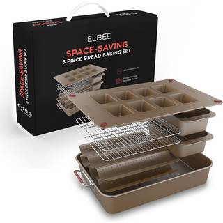 ELBEE Hjem 8 -delt Nonstick Space Saving Bread Baking Pan Set - Inkluderer 1 x stor ristningspande 2 x Brød Loaf Pan 2 X Baguette Pan 2 X Kølesta