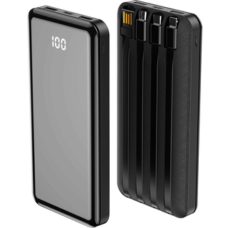 Powerbank 10000mAh - 4-i-1 inkl. USB-C / Lightning / USB kabler - Sort