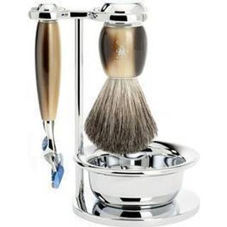 Mühle Vivo Brown Horn Barbersæt: Fusion Skaber, Pure Badger Barberkost, Holder og Skål