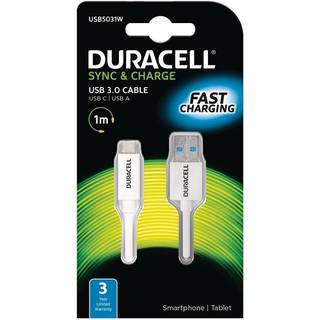 Duracell USB-A 3.0 til USB-C lade- og datakabel, hvid, 1m